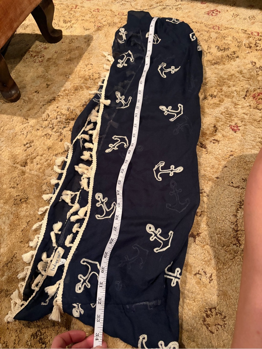 Like New Indigo Soul infinity scarf wrap nautical embroidery w/ tassels Navy